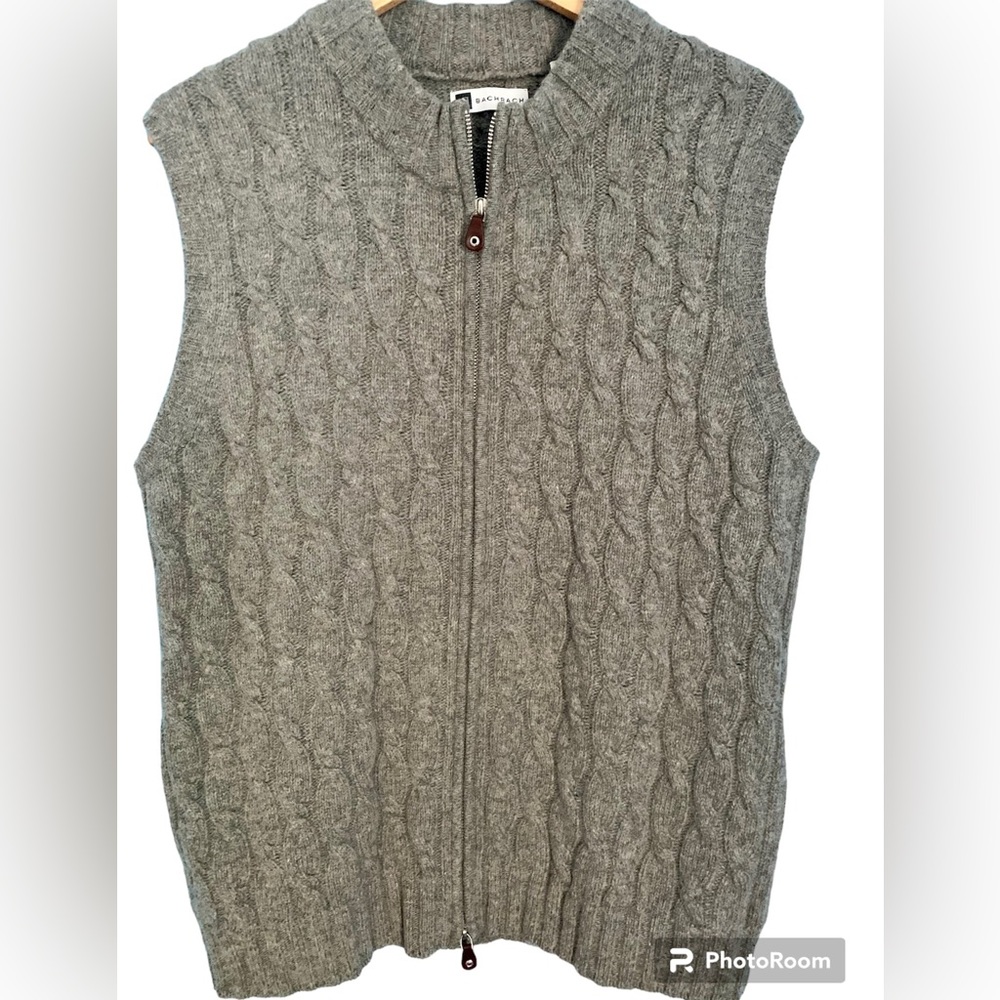 Vintage Bachrach Grey Lambswool Cable Knit Full Zip Cardigan Sweater Size L